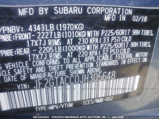 JF2GTACC0JH305648 - 2018 SUBARU CROSSTREK PREMIUM Կապույտ լուսանկար 9