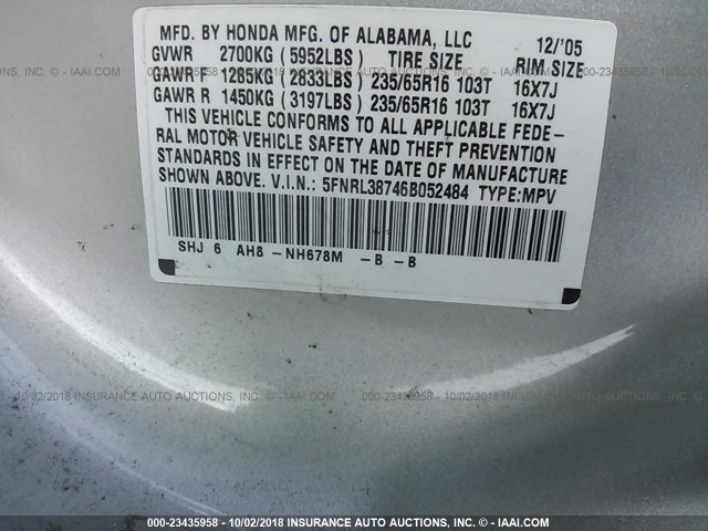 5FNRL38746B052484 - 2006 HONDA ODYSSEY EXL SILVER photo 9