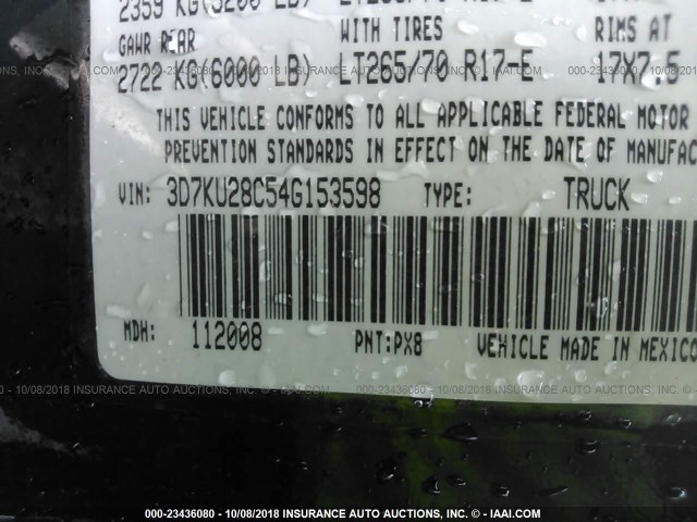 3D7KU28C54G153598 - 2004 DODGE RAM 2500 ST/SLT 黑色 照片 9