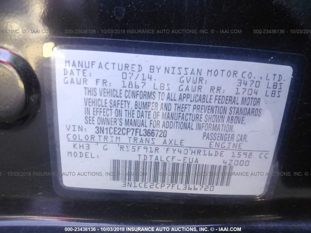 3N1CE2CP7FL366720 - 2015 NISSAN VERSA NOTE S/S PLUS/SV/SL/SR BLACK photo 9