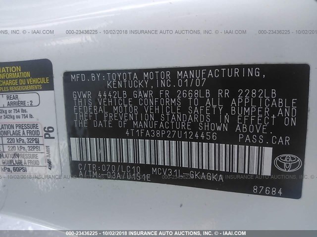 4T1FA38P27U124456 - 2007 TOYOTA CAMRY SOLARA SE/SLE თეთრი ფოტო 9