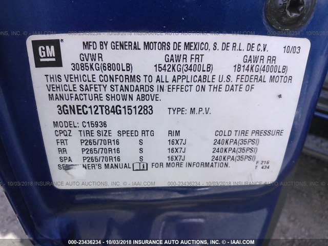 3GNEC12T84G151283 - 2004 CHEVROLET AVALANCHE C1500 BLUE photo 9