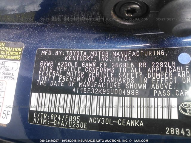 4T1BE32K95U004988 - 2005 TOYOTA CAMRY LE/XLE/SE Көк фото 9