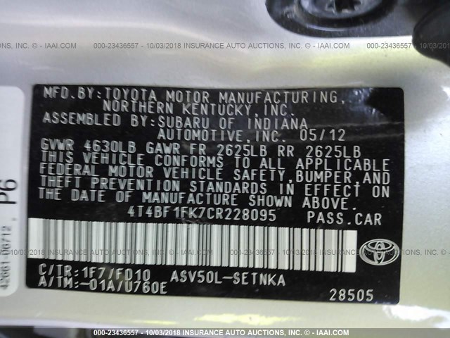 4T4BF1FK7CR228095 - 2012 TOYOTA CAMRY SE/LE/XLE SILVER photo 9