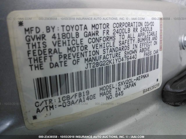 JT2BG22K1Y0476440 - 2000 TOYOTA CAMRY CE/LE/XLE SILVER photo 9