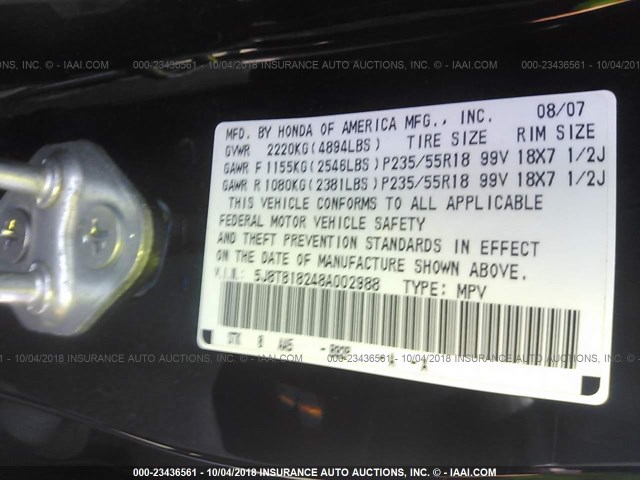 5J8TB18248A002988 - 2008 ACURA RDX BLACK photo 9