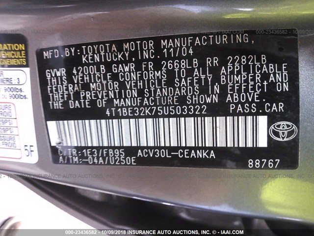 4T1BE32K75U503322 - 2005 TOYOTA CAMRY LE/XLE/SE 灰色 照片 9