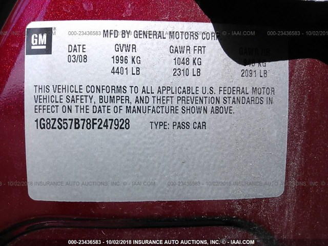 1G8ZS57B78F247928 - 2008 SATURN AURA XE MAROON photo 9