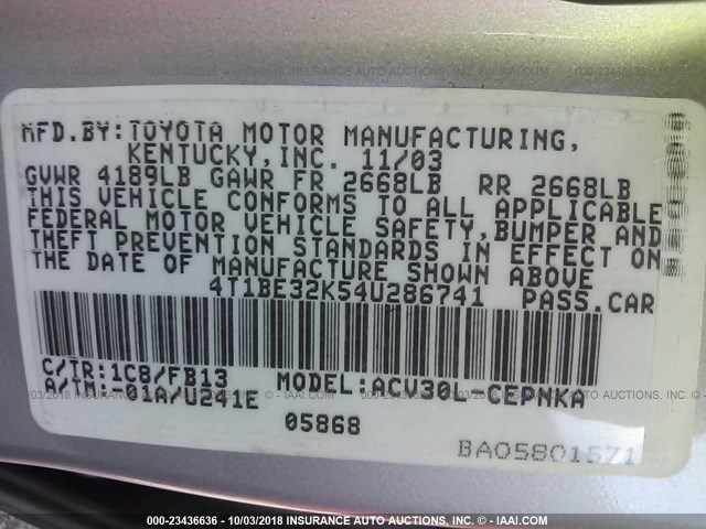 4T1BE32K54U286741 - 2004 TOYOTA CAMRY LE/XLE/SE Күміс фото 9