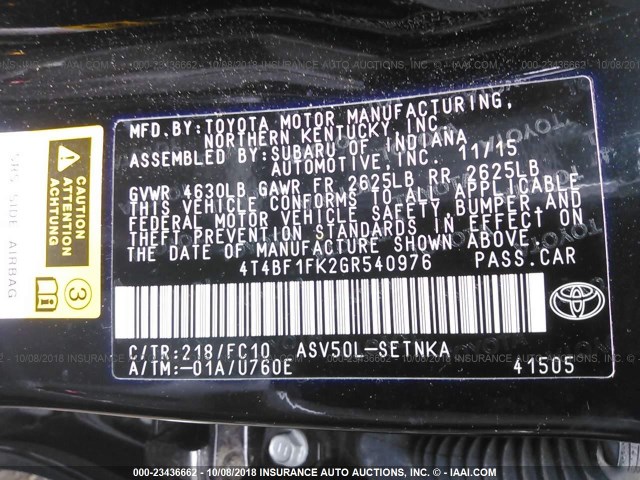 4T4BF1FK2GR540976 - 2016 TOYOTA CAMRY LE/XLE/SE/XSE 黑色 照片 9