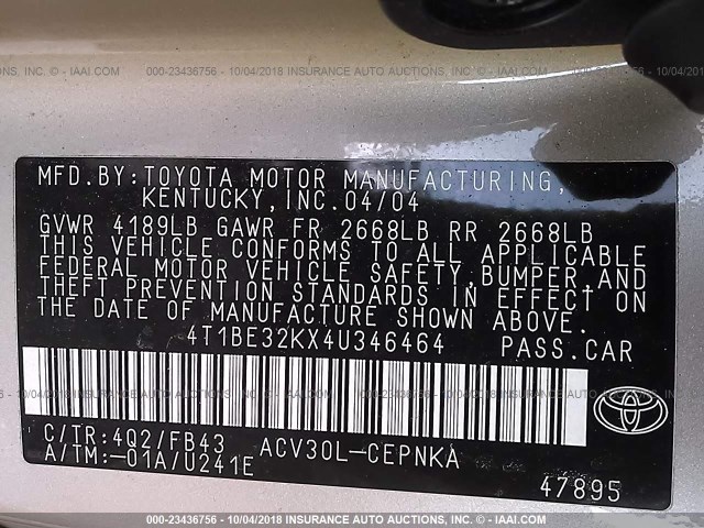 4T1BE32KX4U346464 - 2004 TOYOTA CAMRY LE/XLE/SE TAN photo 9