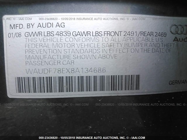 WAUDF78EX8A134686 - 2008 AUDI A4 2.0T QUATTRO GRAY photo 9