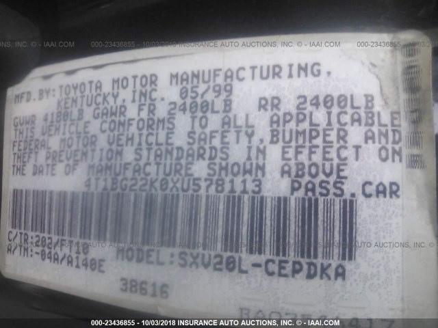 4T1BG22K0XU578113 - 1999 TOYOTA CAMRY CE/LE/XLE 黑色 照片 9