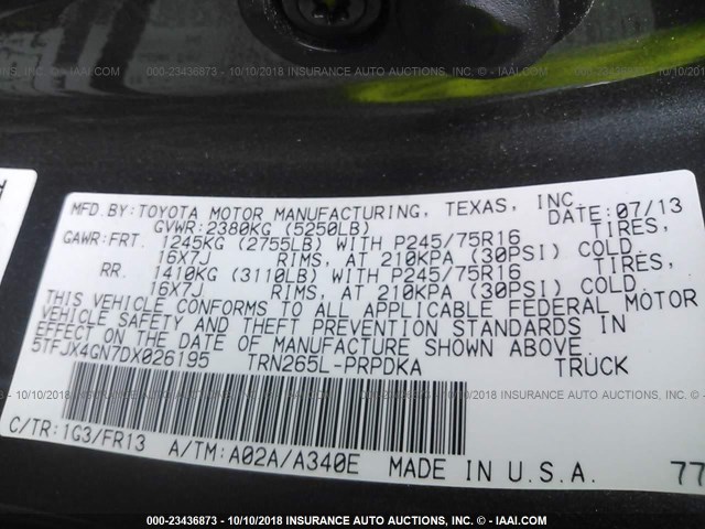 5TFJX4GN7DX026195 - 2013 TOYOTA TACOMA DOUBLE CAB 灰色 照片 9