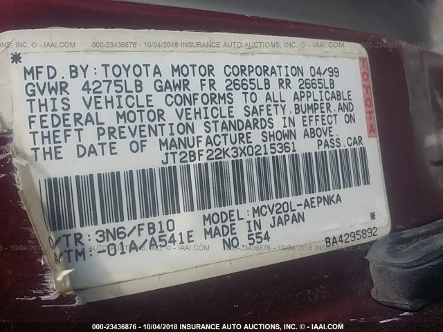 JT2BF22K3X0215361 - 1999 TOYOTA CAMRY LE/XLE RED photo 9