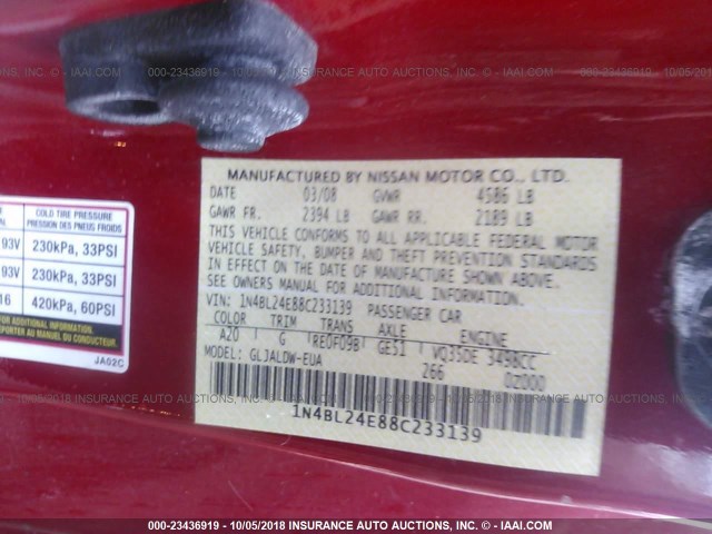 1N4BL24E88C233139 - 2008 NISSAN ALTIMA 3.5SE RED photo 9