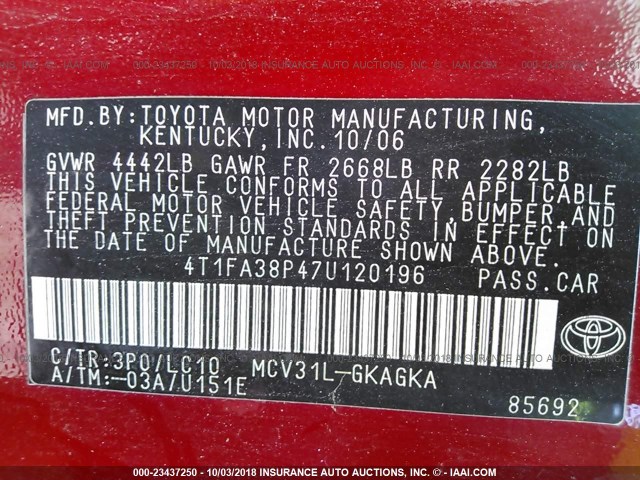 4T1FA38P47U120196 - 2007 TOYOTA CAMRY SOLARA SE/SLE წითელი ფოტო 9