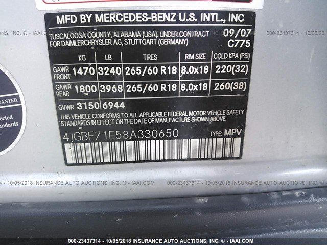 4JGBF71E58A330650 - 2008 MERCEDES-BENZ GL 450 4MATIC SILVER photo 9