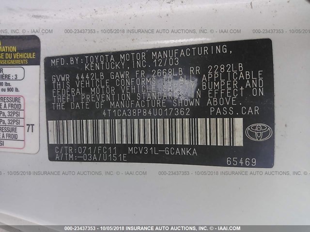 4T1CA38P84U017362 - 2004 TOYOTA CAMRY SOLARA SE/SLE თეთრი ფოტო 9