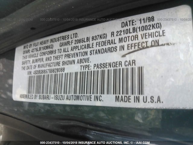 4S3BG6857X6628068 - 1999 SUBARU LEGACY OUTBACK/SSV/LIMITED/30TH GREEN photo 9