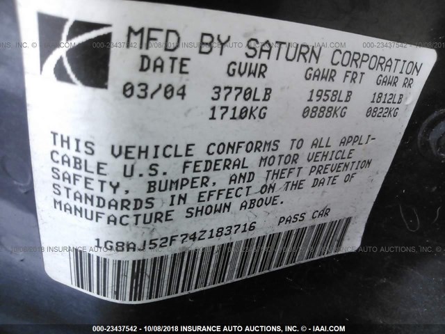 1G8AJ52F74Z183716 - 2004 SATURN ION LEVEL 2 红色 照片 9