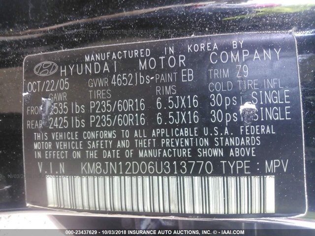 KM8JN12D06U313770 - 2006 HYUNDAI TUCSON GLS/LIMITED BLACK photo 9