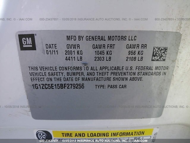 1G1ZC5E15BF279256 - 2011 CHEVROLET MALIBU 1LT WHITE photo 9