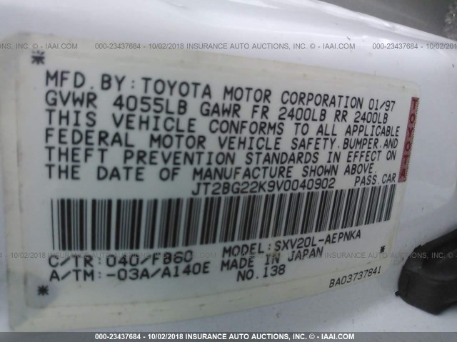 JT2BG22K9V0040902 - 1997 TOYOTA CAMRY LE/XLE WHITE photo 9