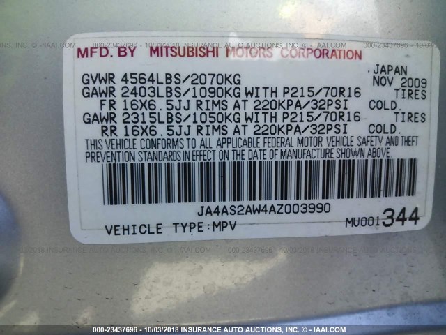 JA4AS2AW4AZ003990 - 2010 MITSUBISHI OUTLANDER ES 灰色 照片 9