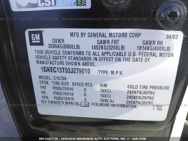 1GKEC13T93J279010 - 2003 GMC YUKON 黑色 照片 9