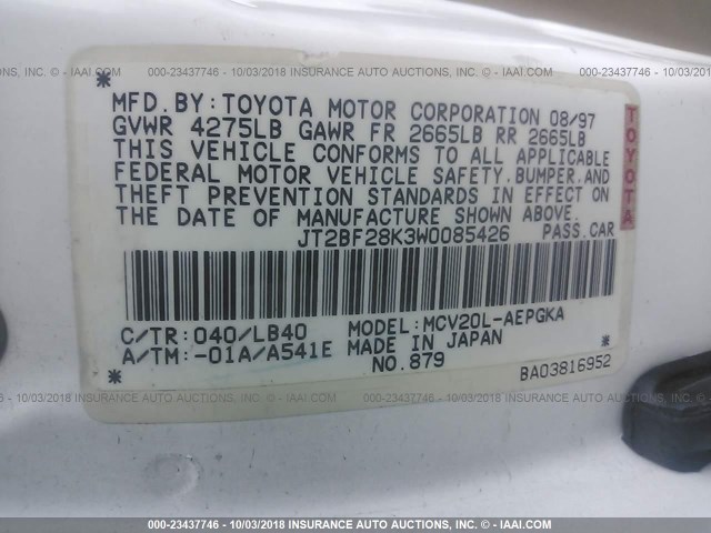 JT2BF28K3W0085426 - 1998 TOYOTA CAMRY LE/XLE Ağ foto 9