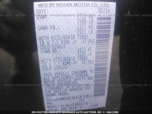 5N1AR2MM2EC668385 - 2014 NISSAN PATHFINDER S/SV/SL/PLATINUM BLACK photo 9