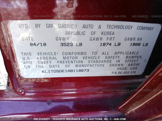 KL1TD5DE1AB118673 - 2010 CHEVROLET AVEO LS/LT წითელი ფოტო 9