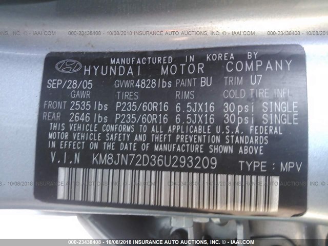 KM8JN72D36U293209 - 2006 HYUNDAI TUCSON Light Blue photo 9