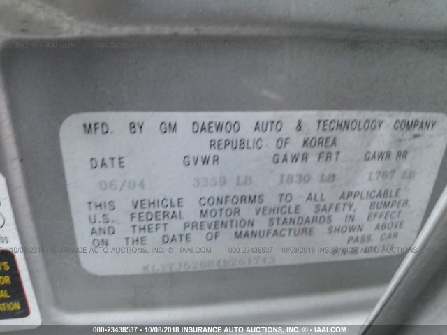 KL1TJ52684B261743 - 2004 CHEVROLET AVEO LS SILVER photo 9