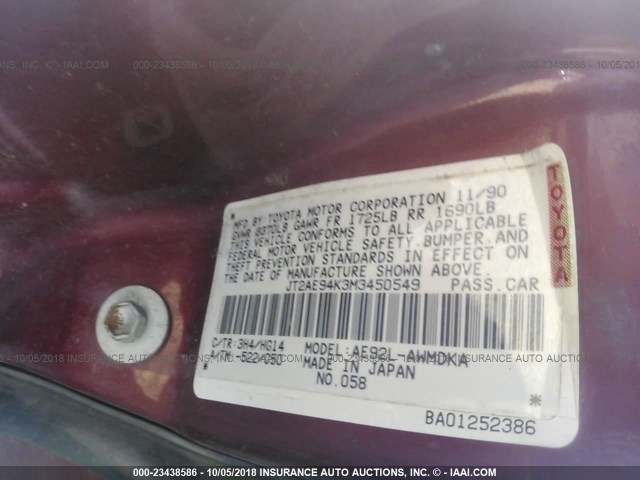 JT2AE94K3M3450549 - 1991 TOYOTA COROLLA DLX RED photo 9