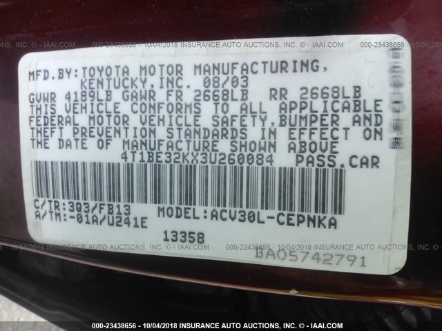 4T1BE32KX3U260084 - 2003 TOYOTA CAMRY LE/XLE/SE Bordo foto 9