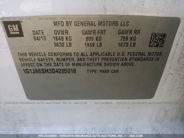 1G1JA6SH3D4205018 - 2013 CHEVROLET SONIC LS 橙色 照片 9