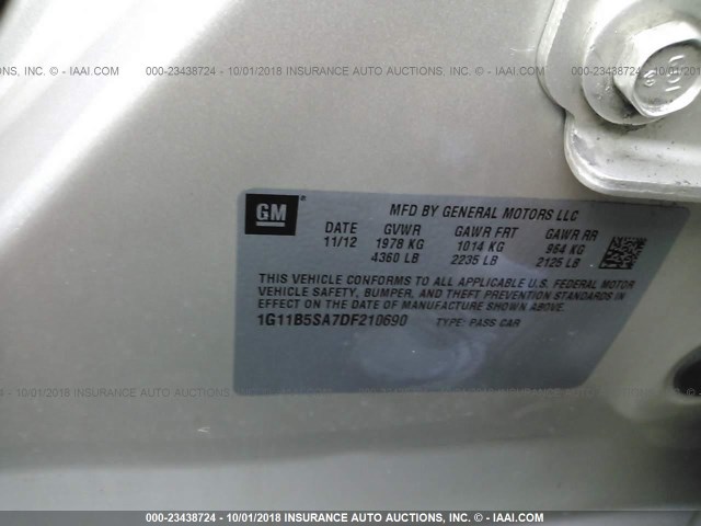 1G11B5SA7DF210690 - 2013 CHEVROLET MALIBU LS ოქროსფერი ფოტო 9