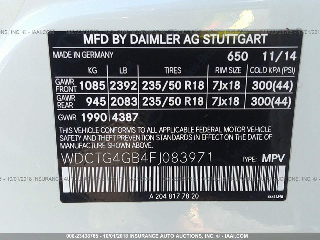 WDCTG4GB4FJ083971 - 2015 MERCEDES-BENZ GLA 250 4MATIC WHITE photo 9