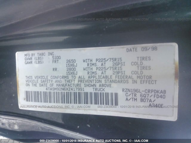 4TASM92N6XZ417991 - 1999 TOYOTA TACOMA XTRACAB PRERUNNER მწვანე ფოტო 9