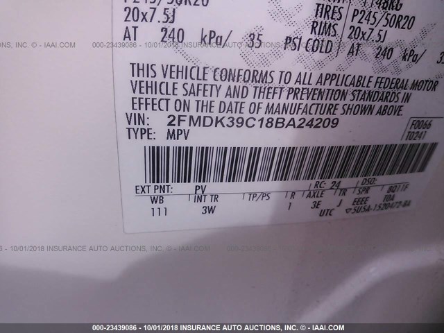 2FMDK39C18BA24209 - 2008 FORD EDGE LIMITED WHITE photo 9