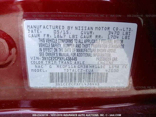 3N1CE2CPXFL438445 - 2015 NISSAN VERSA NOTE S/S PLUS/SV/SL/SR RED photo 9