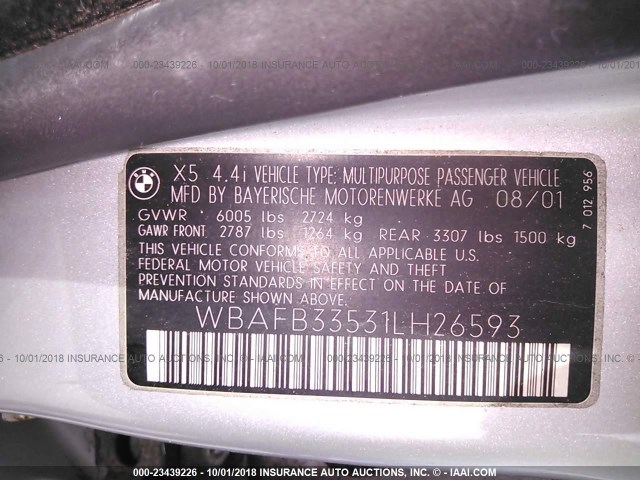 WBAFB33531LH26593 - 2001 BMW X5 4.4I SILVER photo 9