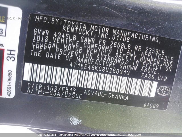 4T1BE46K08U260313 - 2008 TOYOTA CAMRY CE/LE/XLE/SE GRAY photo 9