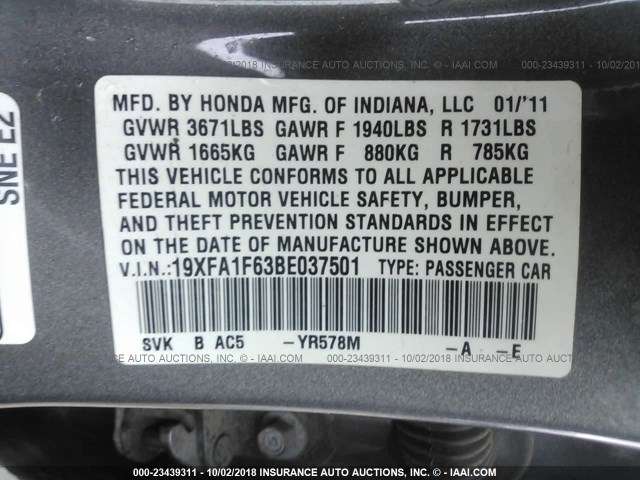 19XFA1F63BE037501 - 2011 HONDA CIVIC LX-S GRAY photo 9