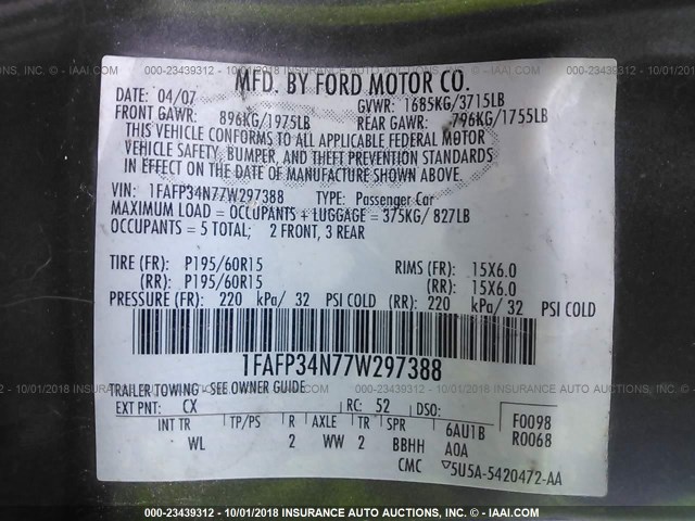 1FAFP34N77W297388 - 2007 FORD FOCUS ZX4/S/SE/SES 灰色 照片 9