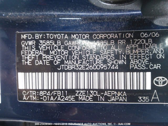 JTDBR32E260095744 - 2006 TOYOTA COROLLA CE/LE BLUE photo 9