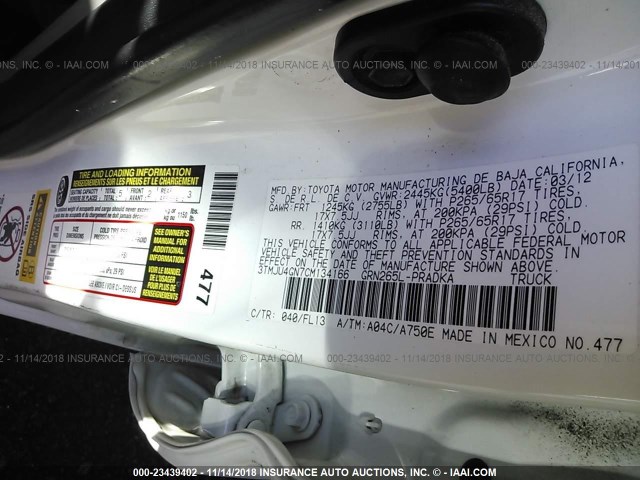 3TMJU4GN7CM134166 - 2012 TOYOTA TACOMA DOUBLE CAB PRERUNNER WHITE photo 9