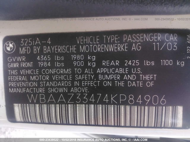 WBAAZ33474KP84906 - 2004 BMW 325 IS SULEV WHITE photo 9